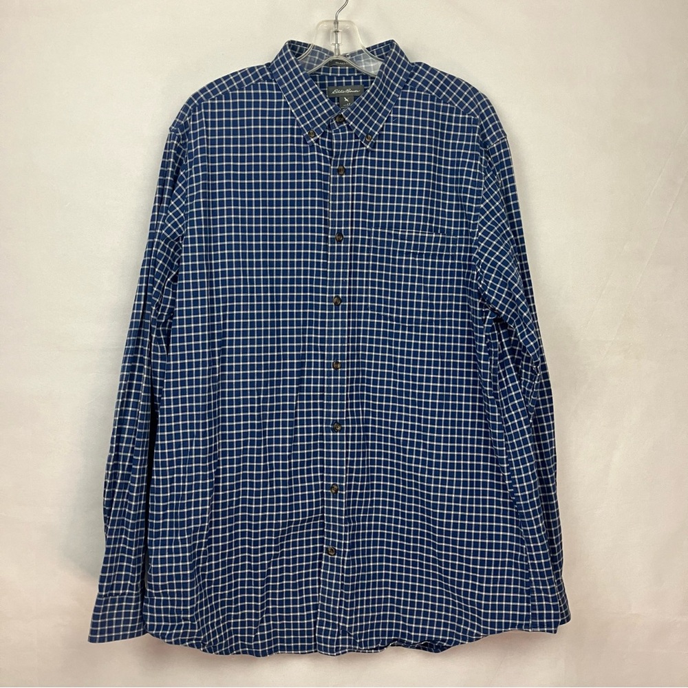 Eddie Bauer Men's Size Large Tall Navy White Plaid Long Sleeve Button Down Shirt